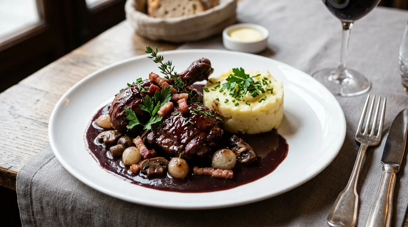 Elegant French cuisine plating with coq au vin, fresh herbs, and classical sauce presentation on white plate