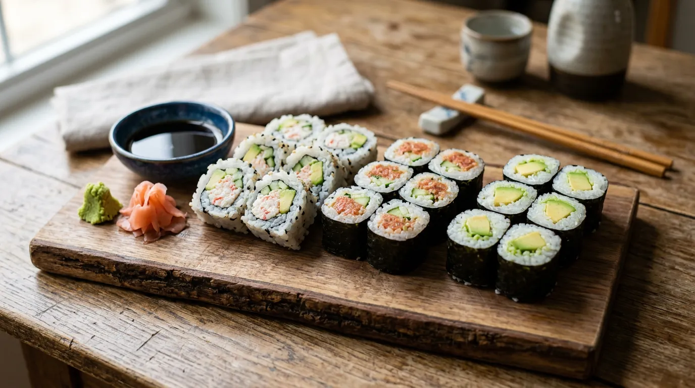 Authentic sushi rolls on a wooden board with wasabi, ginger, and soy sauce