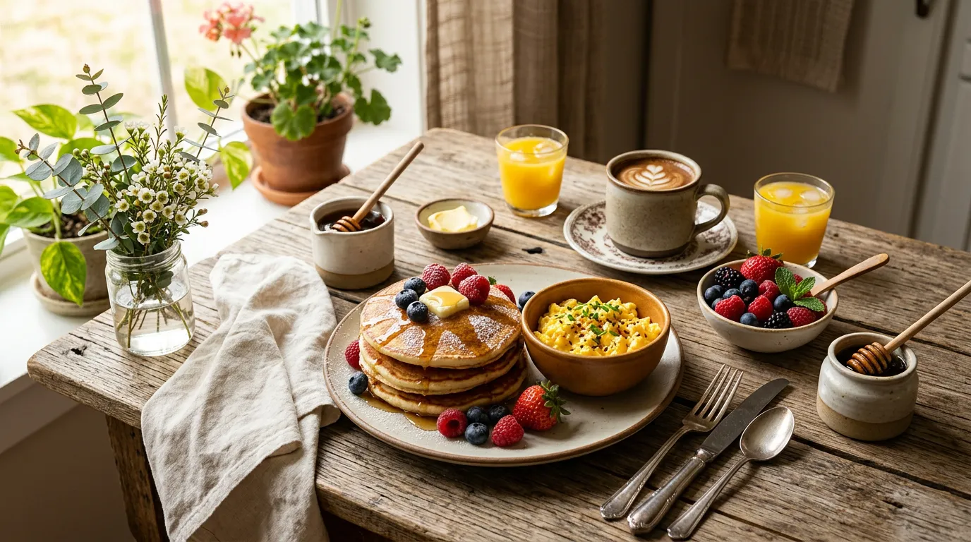 Beautifully arranged breakfast spread with pancakes, fresh berries, eggs, and coffee on a rustic table