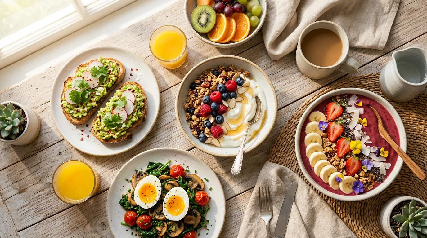 Healthy breakfast spread: yogurt parfait with granola, avocado toast, eggs and vegetables, smoothie bowl, fresh fruits, morning sunlight, overhead styling