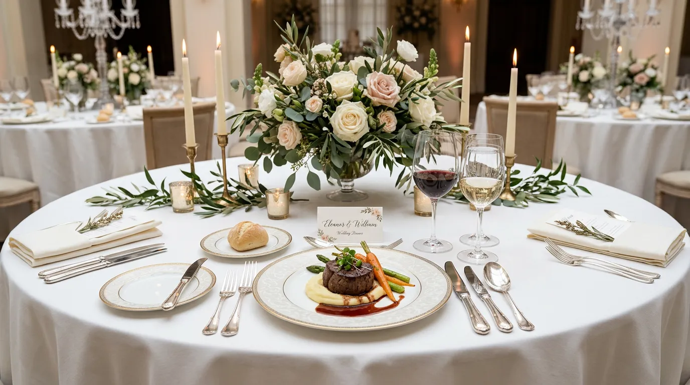 Elegant wedding dinner table setting with plated gourmet dish, fine china, and table decorations