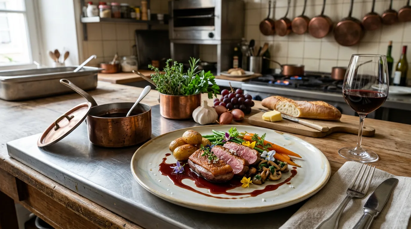 French culinary scene: elegant plated dish with sauce, copper saucepans, fresh French ingredients, herbs, wine glass, classical kitchen setup