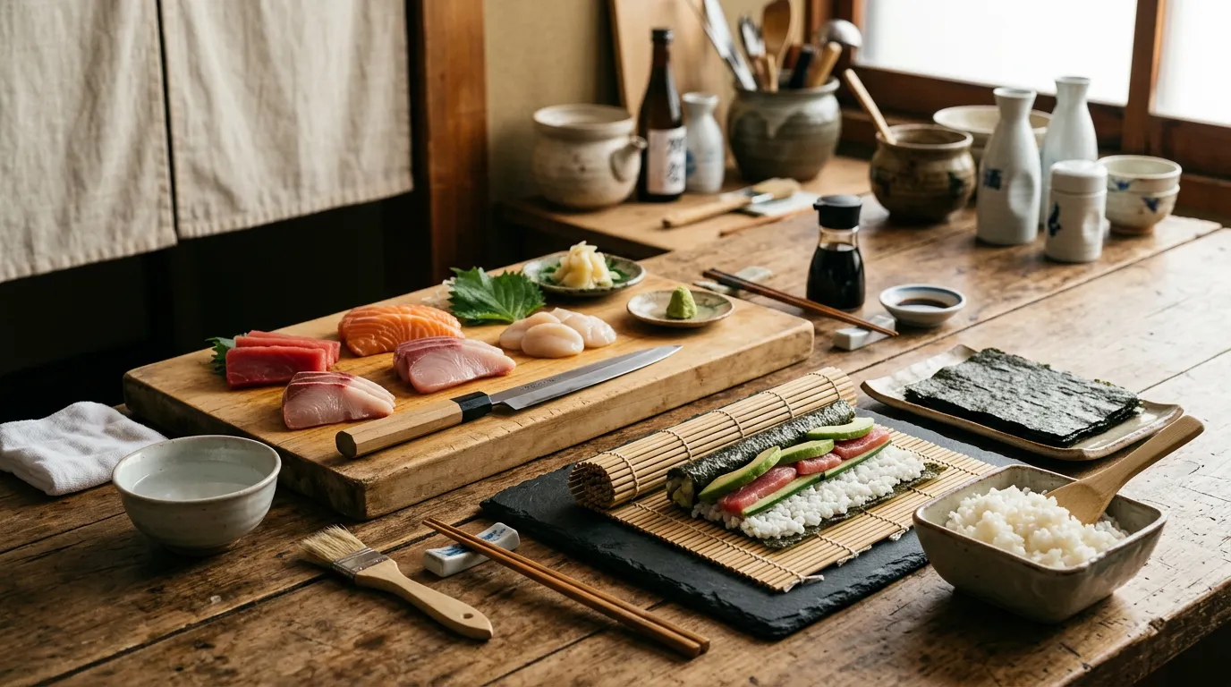 Sushi preparation scene: bamboo rolling mat with ingredients, raw fish on cutting board, nori sheets, cooked sushi rice, arranged artfully, Japanese culinary atmosphere